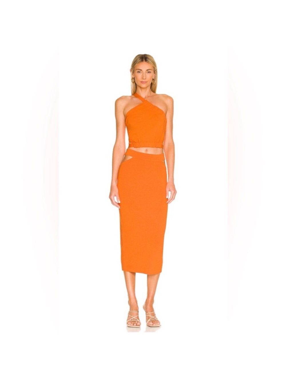 Camila Coelho Vibrant Orange High-Waist Midi Skirt with Cutout